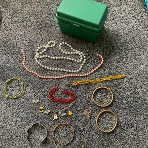 Lot of girls costume jewelry & small storage box